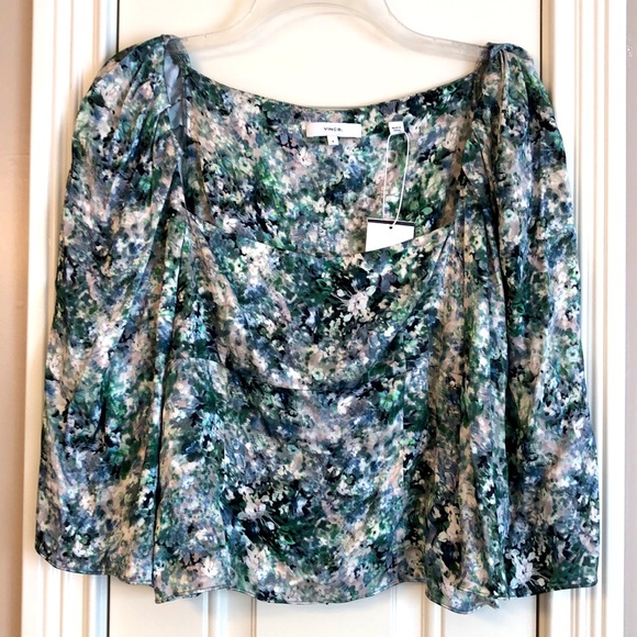 Vince Womens Painted Floral Silky Top, Green -NWT Sz 8 - Picture 4 of 9